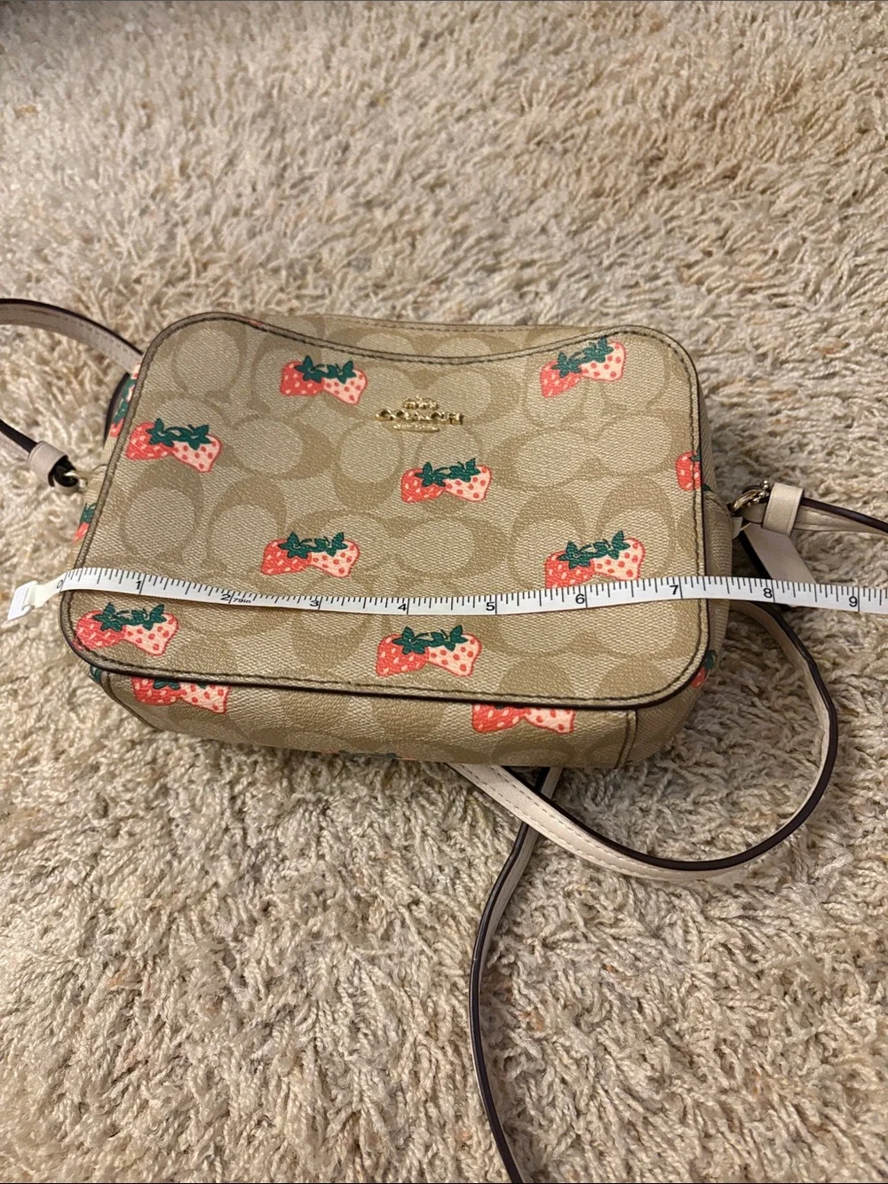 Coach Khaki Signature Strawberry Crossbody in Khaki/Red